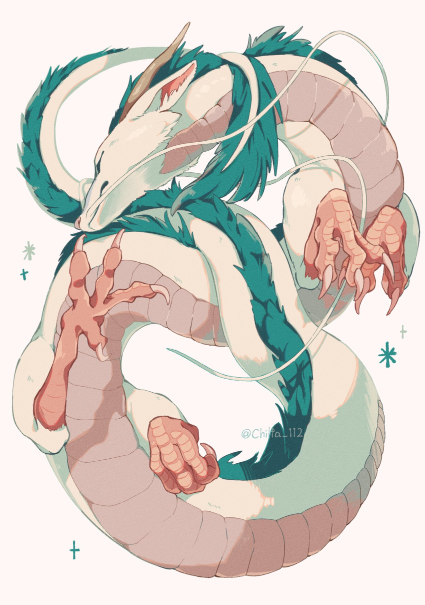 chilfa_112 closed_eyes closed_mouth commentary dragon eastern_dragon from_above full_body haku_(sen_to_chihiro_no_kamikakushi) highres leg_up lying no_humans on_back sen_to_chihiro_no_kamikakushi simple_background sparkle tail tail_wrap twitter_username watermark white_background