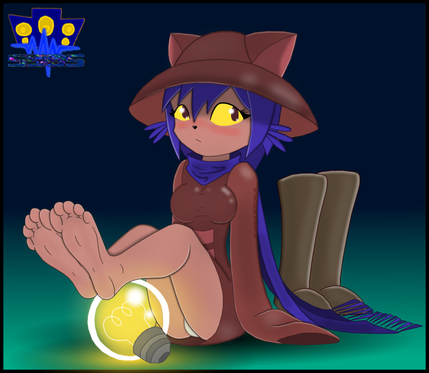 5_toes absurd_res anthro breasts clothing domestic_cat feet felid feline felis female foot_fetish foot_focus hat headgear headwear hi_res humanoid_feet light_bulb long_sleeves mammal muffinmachine niko_(oneshot) nonbinary_(lore) oneshot plantigrade scarf shoes_removed soles solo toes