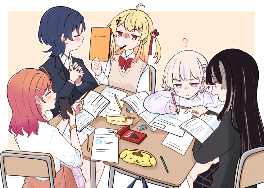 5girls ? ahoge black_hair blonde_hair blue_hair cardigan cellphone fang food food_in_mouth hiodoshi_ao hololive hololive_dev_is homework ichijou_ririka interlocked_fingers jacket juufuutei_raden long_hair mole mole_under_mouth multiple_girls orange_hair otonose_kanade paper phone pocky pocky_in_mouth regloss_(hololive) sakana_(saka11205) smartphone todoroki_hajime virtual_youtuber wristband writing