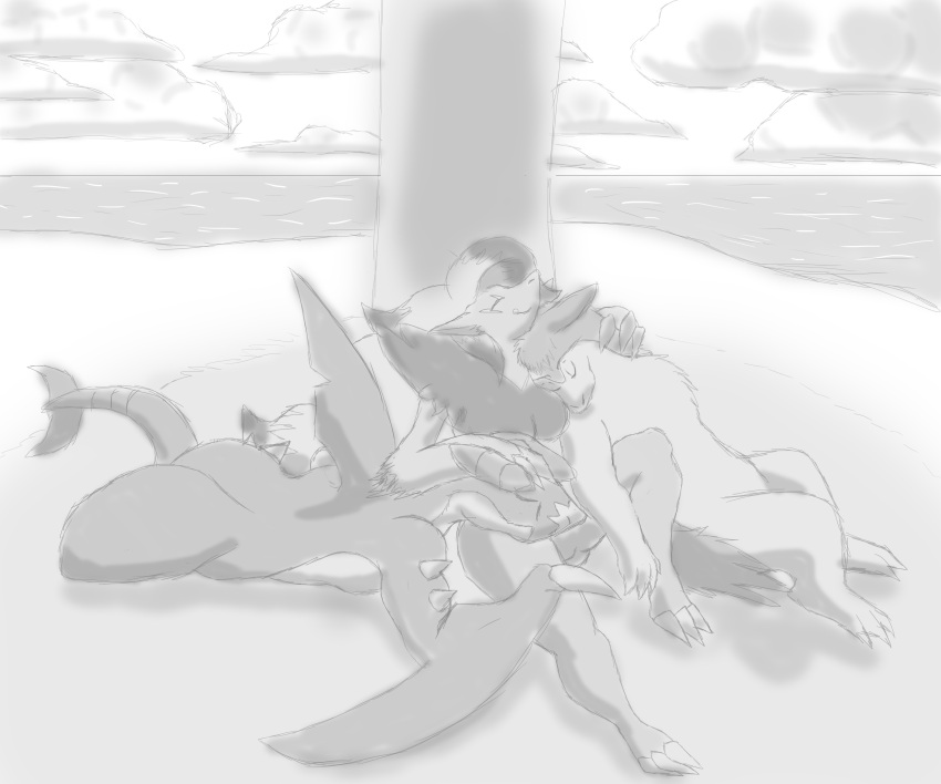 absurd_res anthro fan_character female feral garchomp generation_2_pokemon generation_4_pokemon generation_5_pokemon group hi_res male male/female naught_haazender nintendo pokemon pokemon_(species) polyamory resting sketch trio typhlosion zoroark