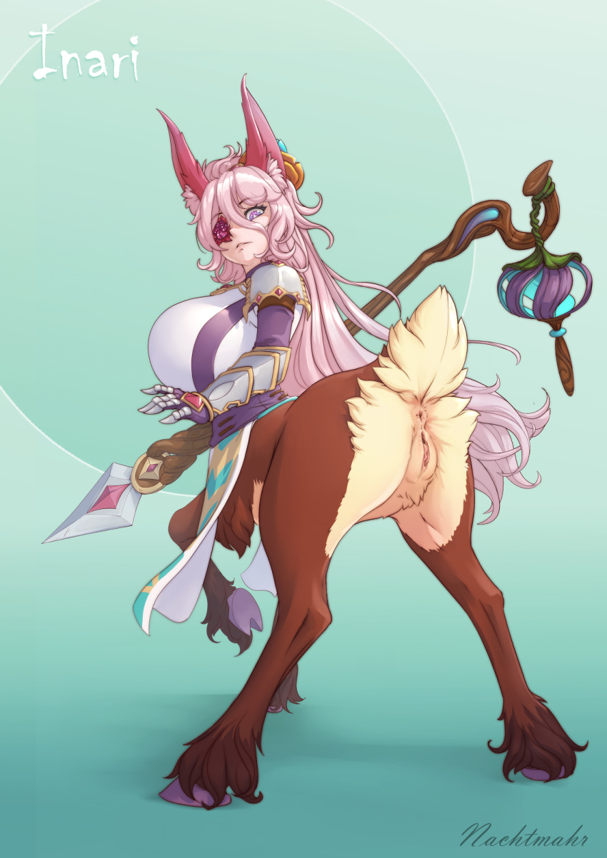 1girl animal_ear_fluff animal_ears anus aqua_background armor artist_name breasts brown_fur centauroid character_name deer_tail english_commentary from_behind full_body gauntlets hair_between_eyes highres holding holding_staff hooves huge_breasts long_hair looking_at_viewer monster_girl multiple_legs nachtmahr one_eye_covered original parted_lips pelvic_curtain pink_hair purple_eyes pussy shadow shoulder_armor sidelocks simple_background solo staff standing standing_on_three_legs tail taur uncensored very_long_hair