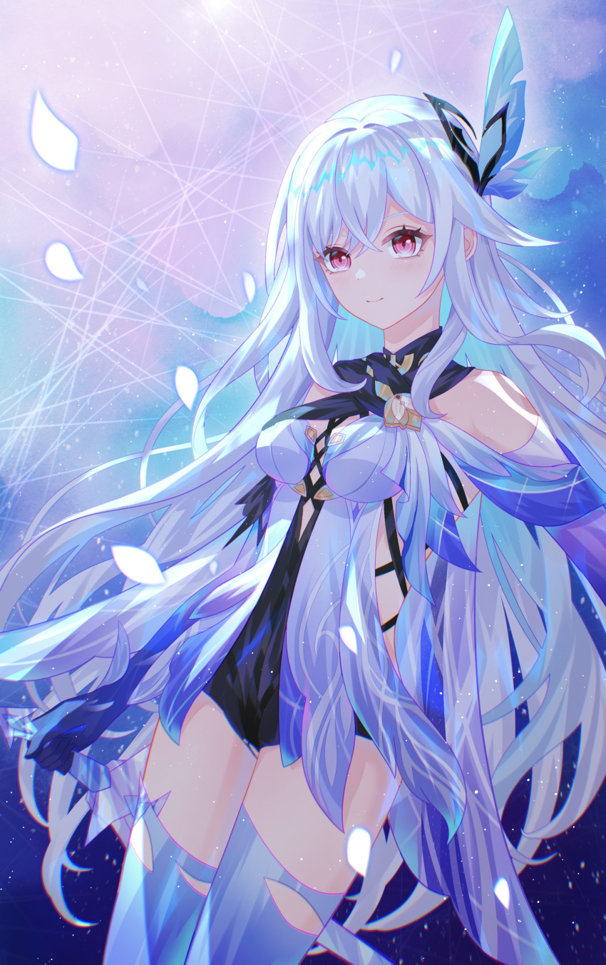 1girl absurdres aqinorz bare_shoulders black_leotard blue_theme breasts commentary_request cowboy_shot genshin_impact hair_ornament highres leotard long_hair looking_at_viewer pink_eyes skirk_(genshin_impact) small_breasts smile solo standing thighs very_long_hair white_hair
