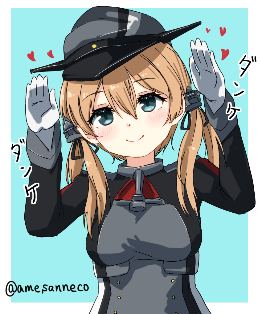 1girl ame-rain blue_eyes breasts brown_hair gloves hands_up hat heart highres kantai_collection looking_at_viewer prinz_eugen_(kancolle) simple_background smile solo twintails twitter_username upper_body white_gloves