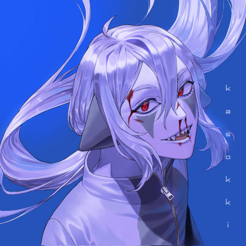 1boy artist_name blood blood_from_eyes blood_on_face blue_background commission cuts floating_hair hair_between_eyes highres injury kasokki1 long_hair looking_at_viewer male_focus nosebleed open_mouth original red_eyes sharp_teeth solo teeth white_hair zipper_pull_tab