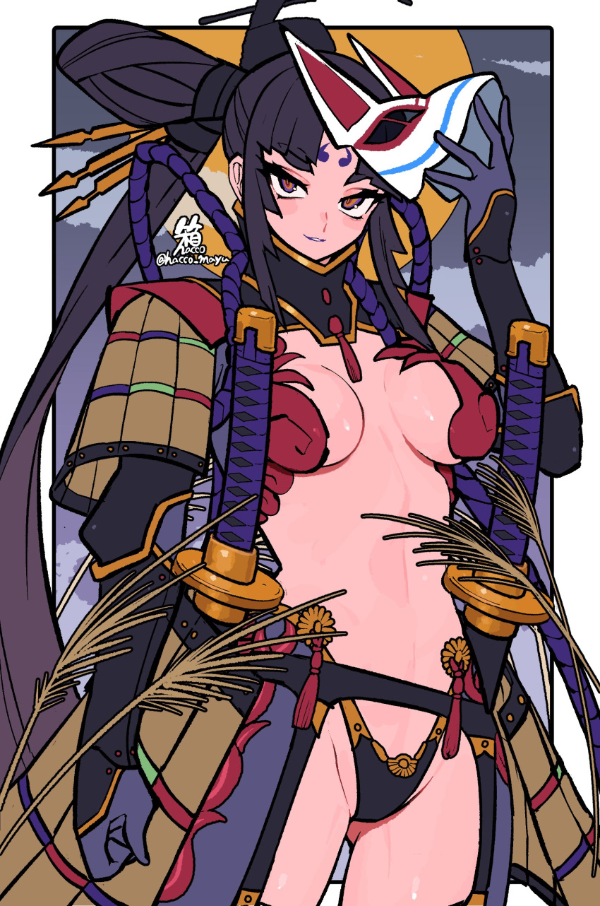 1girl absurdres armor black_hair black_headwear breasts facial_mark fate/grand_order fate_(series) forehead_mark fox_mask full_moon garter_belt hacco_mayu hair_bun hat highres japanese_armor katana kote large_breasts long_hair long_sleeves looking_at_viewer mask moon multicolored_eyes navel night night_sky orange_eyes parted_bangs purple_eyes revealing_clothes shoulder_armor side_ponytail sidelocks single_side_bun sky sode suneate sword taira_no_kagekiyo_(fate) tassel unworn_mask ushiwakamaru_(fate) very_long_hair weapon