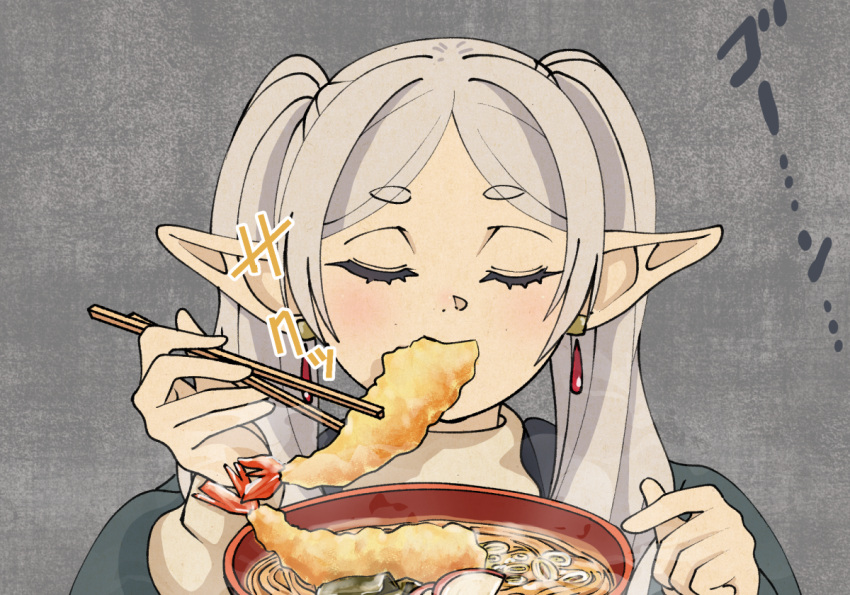 1girl a-king chopsticks closed_eyes commentary_request earrings eating food food_in_mouth frieren grey_background grey_hair holding holding_chopsticks jewelry kamaboko long_hair narutomaki noodles pointy_ears ramen shrimp shrimp_tempura simple_background solo sound_effects sousou_no_frieren tempura thick_eyebrows translation_request twintails