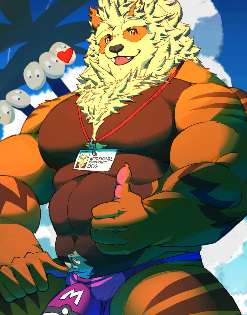 &lt;3 2024 abs absurd_res alolan_exeggutor alolan_form anthro anthrofied arcanine barazoku biceps big_bulge big_muscles body_hair bulge claws clothed clothing cloud day duo exeggutor eyebrows fur generation_1_pokemon gesture happy_trail hi_res huge_muscles looking_at_viewer male mane muscular muscular_anthro muscular_male name_tag navel nintendo open_mouth open_smile outside palm_tree pecs plant pokemon pokemon_(species) pokemorph pubes regional_form_(pokemon) sky smile solo_focus speedo swimwear teeth thick_thighs thumbs_up tongue topless topless_anthro topless_male tree tuft zhangkuu
