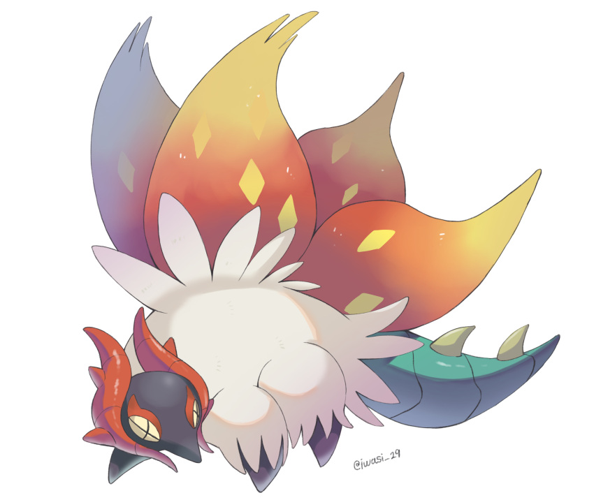 animal_focus artist_name bug commentary_request cross-shaped_pupils highres iwasi_29 moth multiple_wings no_humans pokemon pokemon_(creature) simple_background slither_wing symbol-shaped_pupils tail twitter_username white_background white_fur wings yellow_eyes