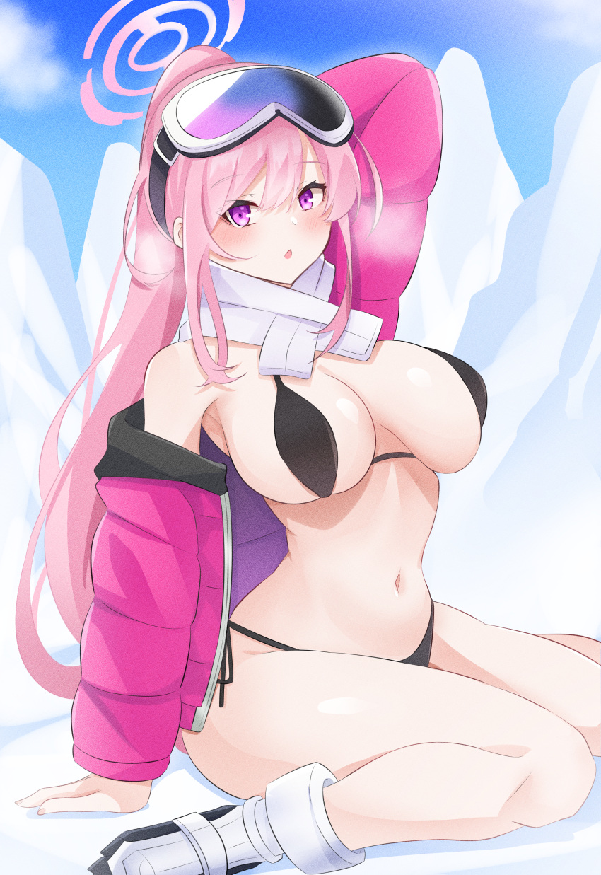 1girl absurdres arched_back arm_at_side arm_behind_head arm_up bare_legs bikini black_bikini blue_archive blue_sky blush boots breasts breasts_apart breath chestnut_mouth cloud day down_jacket eimi_(blue_archive) eimi_(swimsuit)_(blue_archive) goggles hair_between_eyes halo high_ponytail highres ice iceberg jacket large_breasts long_hair long_sleeves looking_at_viewer narrow_waist navel off_shoulder on_ground open_clothes open_jacket open_mouth outdoors pink_hair pink_halo pink_jacket ponytail scarf side-tie_bikini_bottom sidelocks single_bare_shoulder sitting ski_goggles sky solo stomach string_bikini swept_bangs swimsuit torasanth wariza white_footwear white_scarf wide_hips