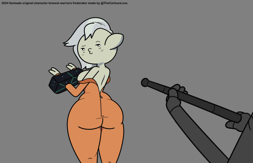 absurd_res alien alien_humanoid bravest_warriors butt cartoon_hangover clothed clothing duo fan_character female flirting flirting_look frederator grey_(the_cartoon_love) grey_background grey_body grey_hair hair hi_res humanoid looking_back looking_pleasured male merewif model_sheet partially_clothed prison_suit rear_view simple_background the_cartoon_love thick_thighs weapon wide_hips