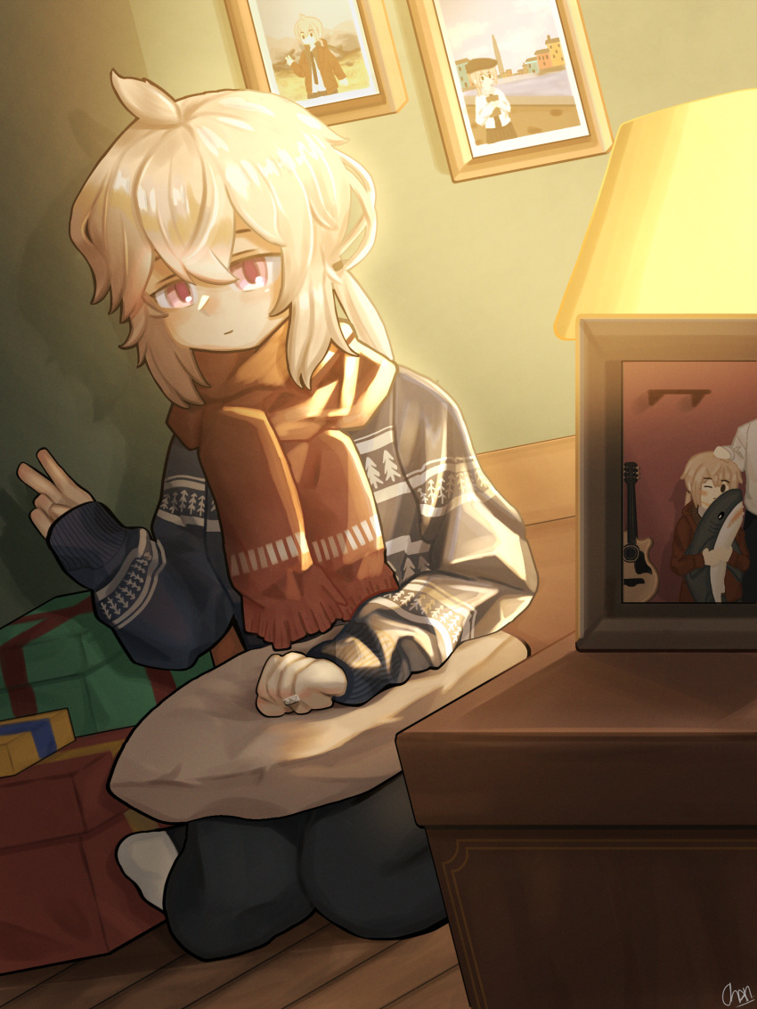 1girl acoustic_guitar blue_sweater box cheychan english_commentary gift gift_box girls'_frontline grey_hair guitar hair_between_eyes highres ikea_shark instrument jewelry lamp looking_at_viewer m200_(girls'_frontline) photo_(object) pillow print_sweater purple_eyes red_scarf ring scarf sidelocks sitting solo stuffed_animal stuffed_shark stuffed_toy sweater v wedding_ring wooden_floor