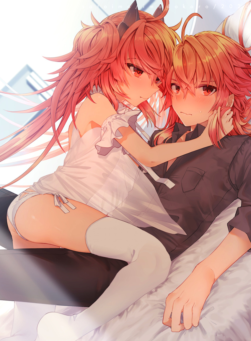 1boy 1girl ahoge babydoll black_pants blush breast_pocket breasts closed_mouth collared_shirt dutch_angle fake_horns fate/grand_order fate/grand_order_arcade fate_(series) grey_shirt hetero highres horns long_hair looking_at_viewer on_bed orange_hair panties pants pocket rama_(fate) red_eyes satoimo_(3311_mi) see-through shirt short_sleeves side-tie_panties sita_(fate) small_breasts thighhighs twintails underwear wavy_mouth white_babydoll white_panties white_thighhighs