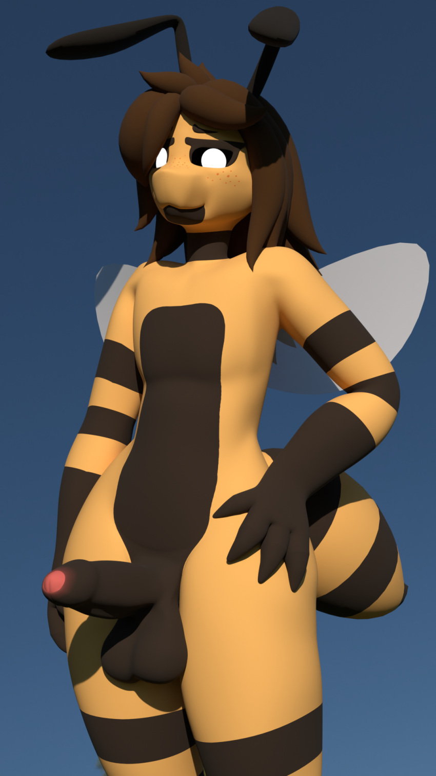 4_fingers 9:16 antennae_(anatomy) anthro arthropod balls bee black_balls black_foreskin black_neck black_sclera black_stripes brown_hair fingers foreskin freckles genitals gloves_(marking) hair hand_on_hip hi_res humanoid_genitalia humanoid_penis hymenopteran insect looking_at_viewer male markings multicolored_body penis quinn_(userpass) solo standing striped_arms striped_body striped_legs stripes two_tone_body username-password white_eyes wings yellow_body