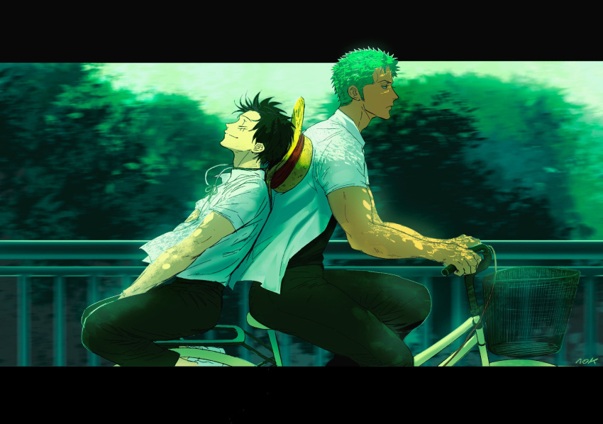 2boys back-to-back bicycle bicycle_basket black_hair closed_eyes closed_mouth day feet_out_of_frame green_hair hat hat_on_back highres leaning_back male_focus monkey_d._luffy motion_blur multiple_boys multiple_riders nok_(nok_1) one_piece outdoors riding riding_bicycle roronoa_zoro scar scar_on_cheek scar_on_face short_hair sideburns smile straw_hat