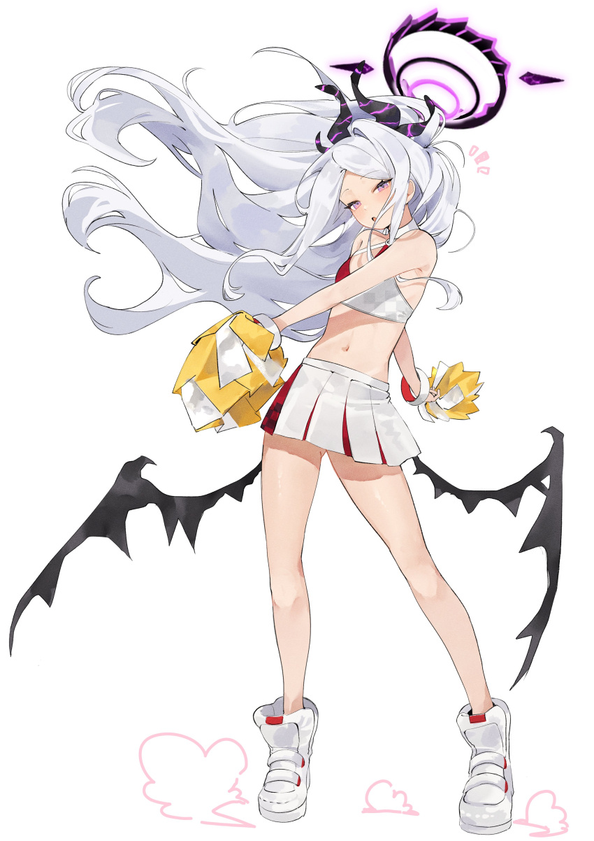 1girl absurdres blue_archive breasts cheerleader deitaku halo highres hina_(blue_archive) horns long_hair looking_at_viewer low_wings navel open_mouth pleated_skirt pom_pom_(cheerleading) purple_eyes shoes skirt small_breasts sneakers solo standing white_footwear white_skirt wings