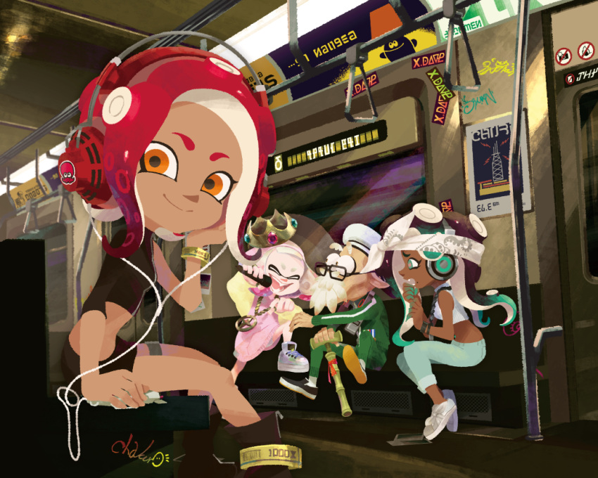 1boy 3girls beard cap'n_cuttlefish cha_kuro_(limo) crown dark-skinned_female dark_skin facial_hair glasses graffiti green_jacket green_pants headphones holding holding_microphone jacket marina_(splatoon) microphone midriff multiple_girls music navel octoling octoling_girl orange_eyes pants pearl_(splatoon) pointy_ears red_hair shirt signature singing sitting smile splatoon_(series) splatoon_2 tentacle_hair train_interior white_facial_hair white_footwear white_shirt