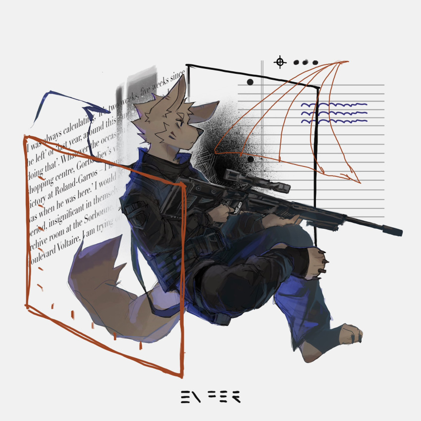 1boy abstract_background animal_hands black_claws black_eyes english_text furry furry_male gun highres holding holding_gun holding_weapon itooku looking_to_the_side military_uniform original rifle sitting sniper_rifle uniform weapon white_background white_fur wolf_boy