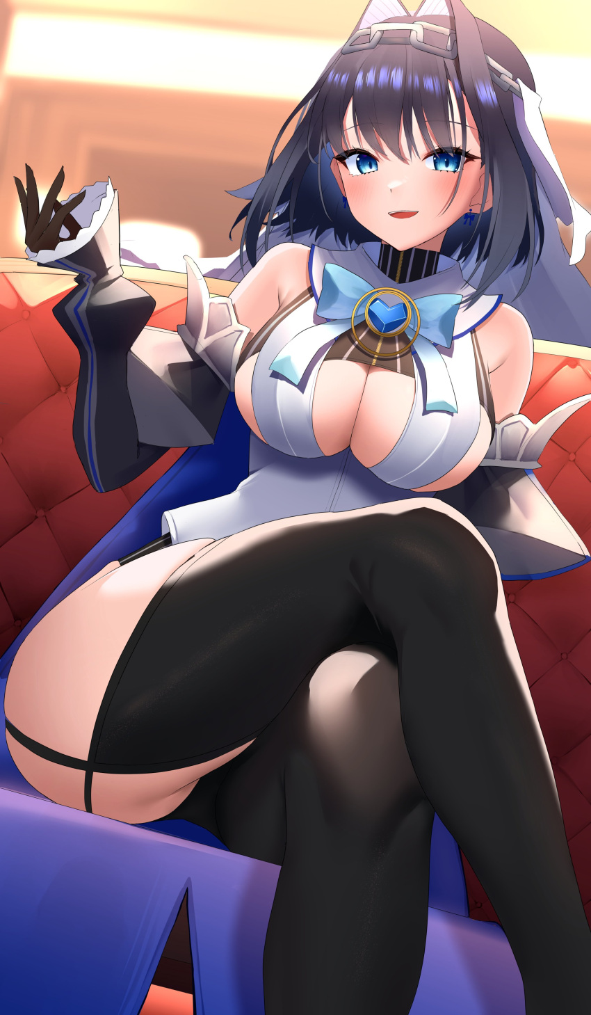 1girl absurdres bare_shoulders black_gloves black_hair black_shirt black_sleeves black_thighhighs blue_bow blue_bowtie blue_cape blue_eyes blush bow bow_earrings bowtie breasts cape chain_headband clothing_cutout couch crop_top crossed_legs detached_sleeves earrings feet_out_of_frame frilled_sleeves frills gloves hair_between_eyes hair_intakes hand_up hashtag_only_commentary heart-shaped_gem highres hirahiragi_(h1rqg1) hololive hololive_english jewelry juliet_sleeves large_breasts legs long_sleeves looking_at_viewer on_couch open_mouth ouro_kronii ouro_kronii_(1st_costume) pinstripe_pattern pinstripe_shirt puffy_sleeves shirt short_hair sitting sleeveless sleeveless_shirt smile solo striped teeth thighhighs thighs underboob underboob_cutout upper_teeth_only veil virtual_youtuber white_shirt white_veil