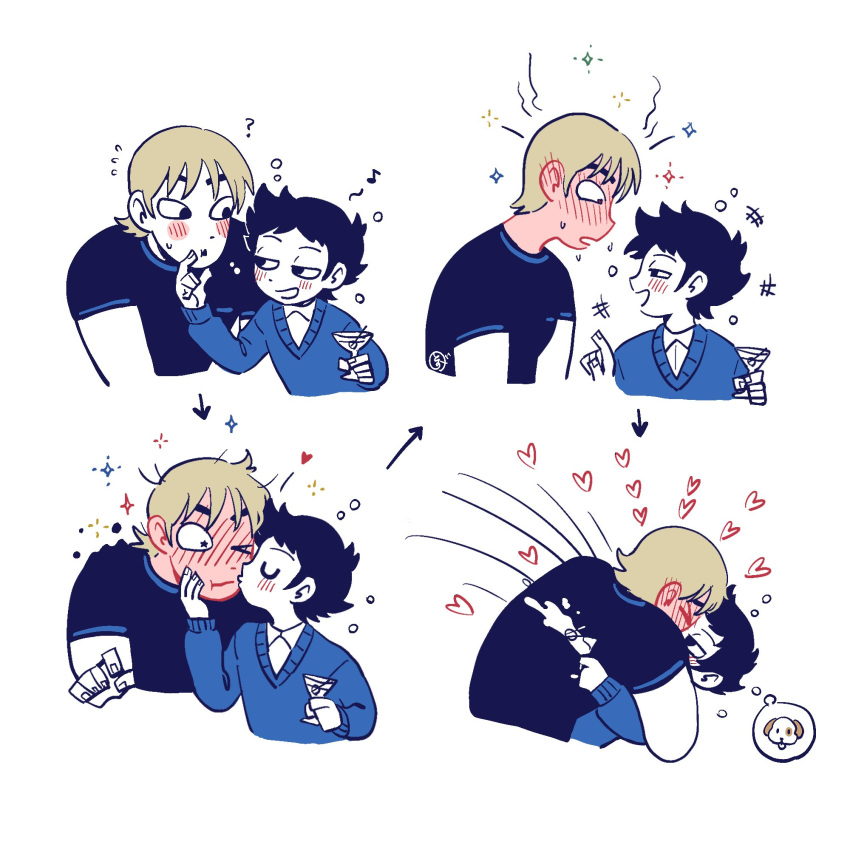 2boys arrow_(symbol) black_hair black_shirt blonde_hair blush closed_eyes cocktail_glass commentary cup drinking_glass full-face_blush hand_on_another's_chin heart highres holding holding_cup kiss kissing_cheek long_sleeves looking_at_another male_focus multiple_boys one_eye_closed open_mouth scott_pilgrim_(series) scott_pilgrim_takes_off shirt short_hair short_sleeves simple_background smile symbol-only_commentary thought_bubble todd_ingram tokagen0 upper_body wallace_wells white_background yaoi