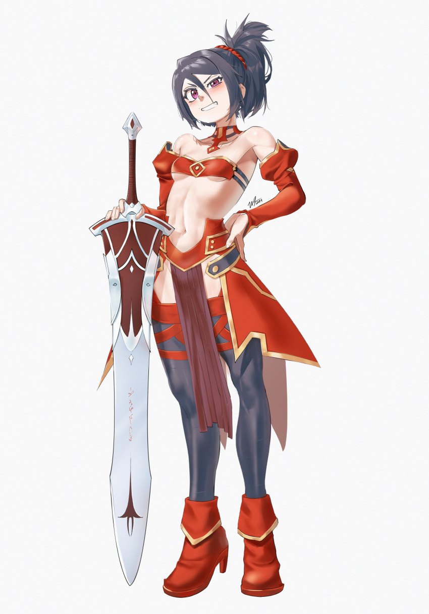 1girl absurdres black_hair black_leggings bleach boots breasts cosplay fate/apocrypha fate_(series) full_body grin hair_between_eyes hair_ornament hair_scrunchie high_heel_boots high_heels highres holding holding_sword holding_weapon kuchiki_rukia leggings mordred_(fate) mordred_(fate/apocrypha) mordred_(fate/apocrypha)_(cosplay) navel pelvic_curtain purple_eyes red_footwear red_scrunchie red_sleeves scrunchie simple_background small_breasts smile solo standing strapless sword teeth tube_top waligner weapon white_background