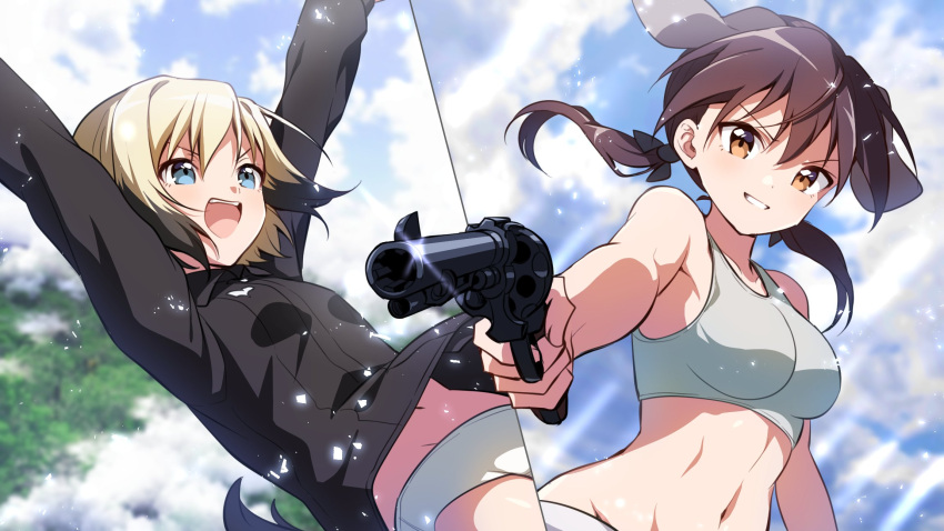 2girls :d abs animal_ears arms_up bad_id bad_twitter_id bangs black_hair black_jacket black_ribbon blonde_hair blue_sky blurry blurry_background brown_eyes brown_hair cloud cloudy_sky commentary day depth_of_field dog_ears erica_hartmann gertrud_barkhorn grey_panties grey_sports_bra grin gun hair_ribbon highres holding holding_gun holding_weapon ichiren_namiro jacket light_particles long_hair long_sleeves low_twintails military military_uniform multicolored_hair multiple_girls navel open_mouth outdoors outside_border panties revolver ribbon short_hair sky smile sparkle sports_bra strike_witches twintails two-tone_hair underwear uniform weapon white_panties world_witches_series
