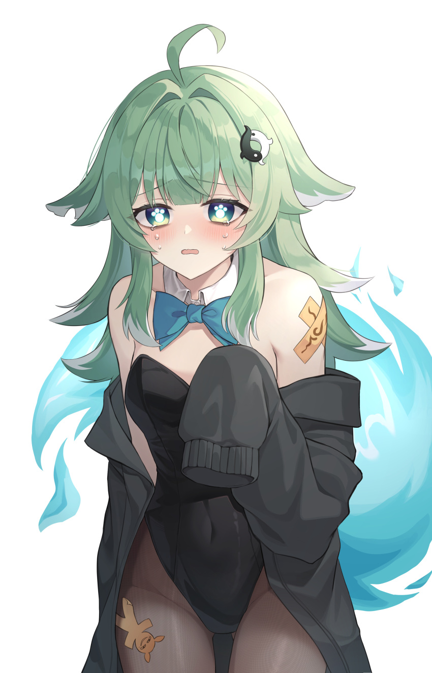 1girl absurdres ahoge alternate_costume animal_ears bare_shoulders black_coat black_leotard black_pantyhose blue_bow blue_bowtie blush bow bowtie breasts coat commentary covered_navel cowboy_shot crying crying_with_eyes_open detached_collar fiery_tail fox_ears fox_girl fox_tail green_eyes green_hair hair_intakes hand_up highres honkai:_star_rail honkai_(series) huohuo_(honkai:_star_rail) leotard looking_at_viewer off_shoulder open_mouth pantyhose paper_doll paw-shaped_pupils simple_background sleeves_past_wrists ssalgolae symbol-only_commentary tail tail_(honkai:_star_rail) talisman tears white_background yin_yang_hair_ornament