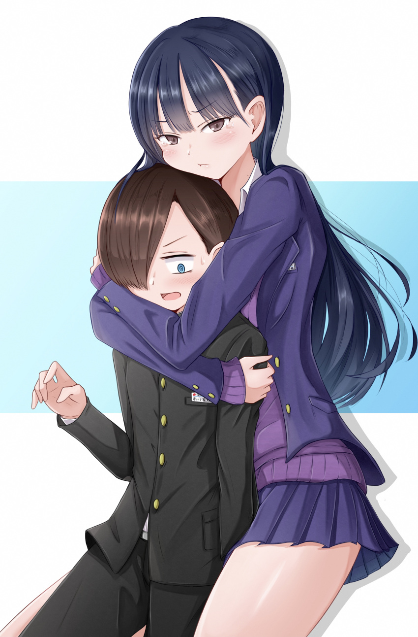 1boy 1girl absurdres arms_around_neck blazer blue_background blue_eyes blue_hair blue_jacket blue_skirt boku_no_kokoro_no_yabai_yatsu brown_eyes brown_hair cardigan closed_mouth dark_blue_hair gakuran hair_over_one_eye height_difference highres hug hug_from_behind ichikawa_kyoutarou jacket jealous long_hair long_sleeves looking_at_viewer miniskirt open_clothes open_jacket open_mouth pleated_skirt purple_cardigan ringed_eyes sacra_(sacrabokuyaba) school_uniform short_hair skirt two-tone_background white_background yamada_anna