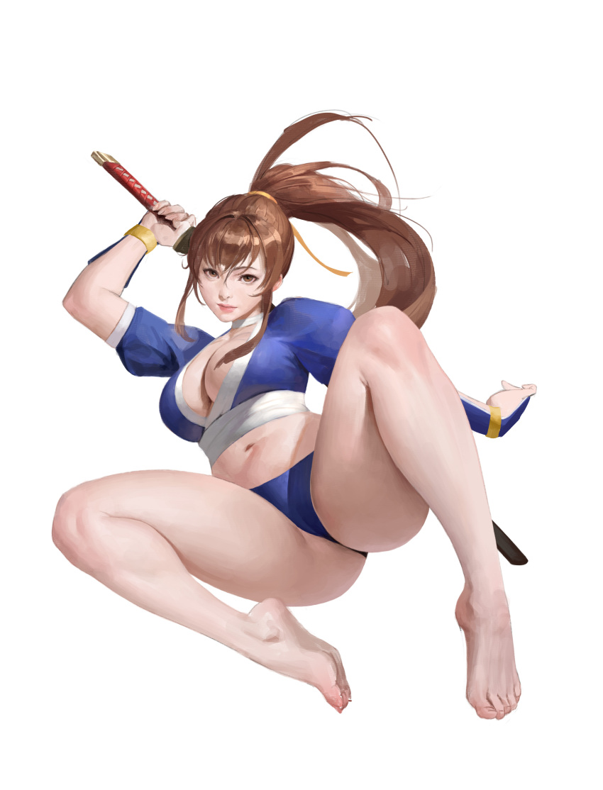1girl absurdres adapted_costume arm_guards ass bangku_an bare_legs barefoot blue_panties blue_shirt breasts brown_eyes cameltoe closed_mouth commentary crop_top dead_or_alive english_commentary fighting_stance floating_hair hand_up highres holding holding_sword holding_weapon japanese_clothes jumping kasumi_(doa) katana large_breasts lips long_hair looking_at_viewer midriff navel panties plum puffy_short_sleeves puffy_sleeves ready_to_draw shirt short_sleeves simple_background smile soles solo stomach sword underwear weapon weapon_on_back white_background