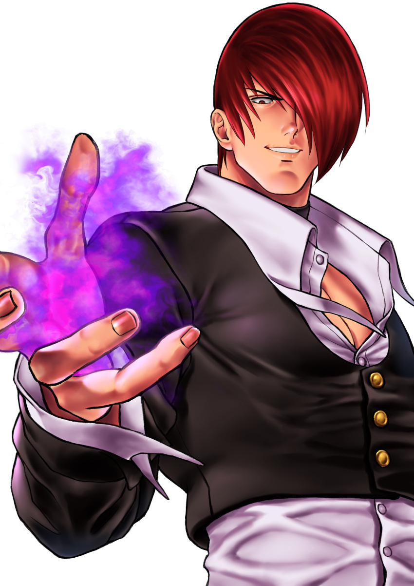1boy absurdres bangs beniazumaru black_collar black_jacket buttons collar hair_over_one_eye hand_up highres jacket looking_at_viewer magic male_focus one_eye_covered pectoral_cleavage pectorals red_eyes red_hair shirt short_hair smile solo teeth the_king_of_fighters the_king_of_fighters_'95 the_king_of_fighters_xv upper_body white_background white_shirt yagami_iori