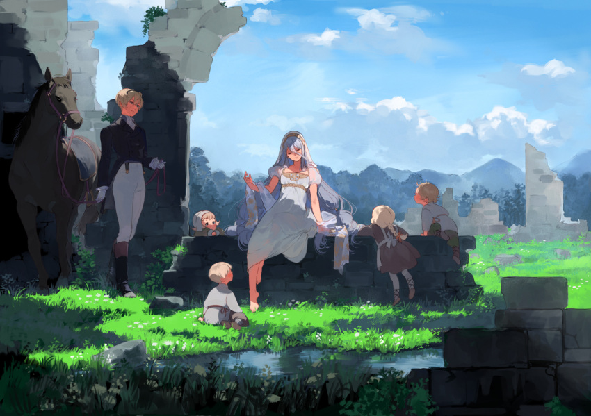 3boys 3girls ai-wa animal ankle_lace-up apron arm_support ascot azura_(fire_emblem) barefoot black_footwear black_jacket blonde_hair blue_hair blurry boots braid brick_wall brown_hair child climbing closed_eyes commentary day depth_of_field dress english_commentary fire_emblem fire_emblem_fates flower gloves grass green_pants grey_dress grey_shirt hair_between_eyes hairband hand_up head_scarf highres holding holding_reins horse jacket knee_boots leo_(fire_emblem) light_brown_hair long_hair long_hair_between_eyes looking_at_another low-tied_long_hair mountainous_horizon multiple_boys multiple_girls on_ground outdoors pants pond puffy_short_sleeves puffy_sleeves reins ruins shawl shirt shoes short_hair short_sleeves sitting sky smile standing tiptoes veil very_long_hair wariza water white_apron white_ascot white_dress white_flower white_gloves white_headwear white_pants