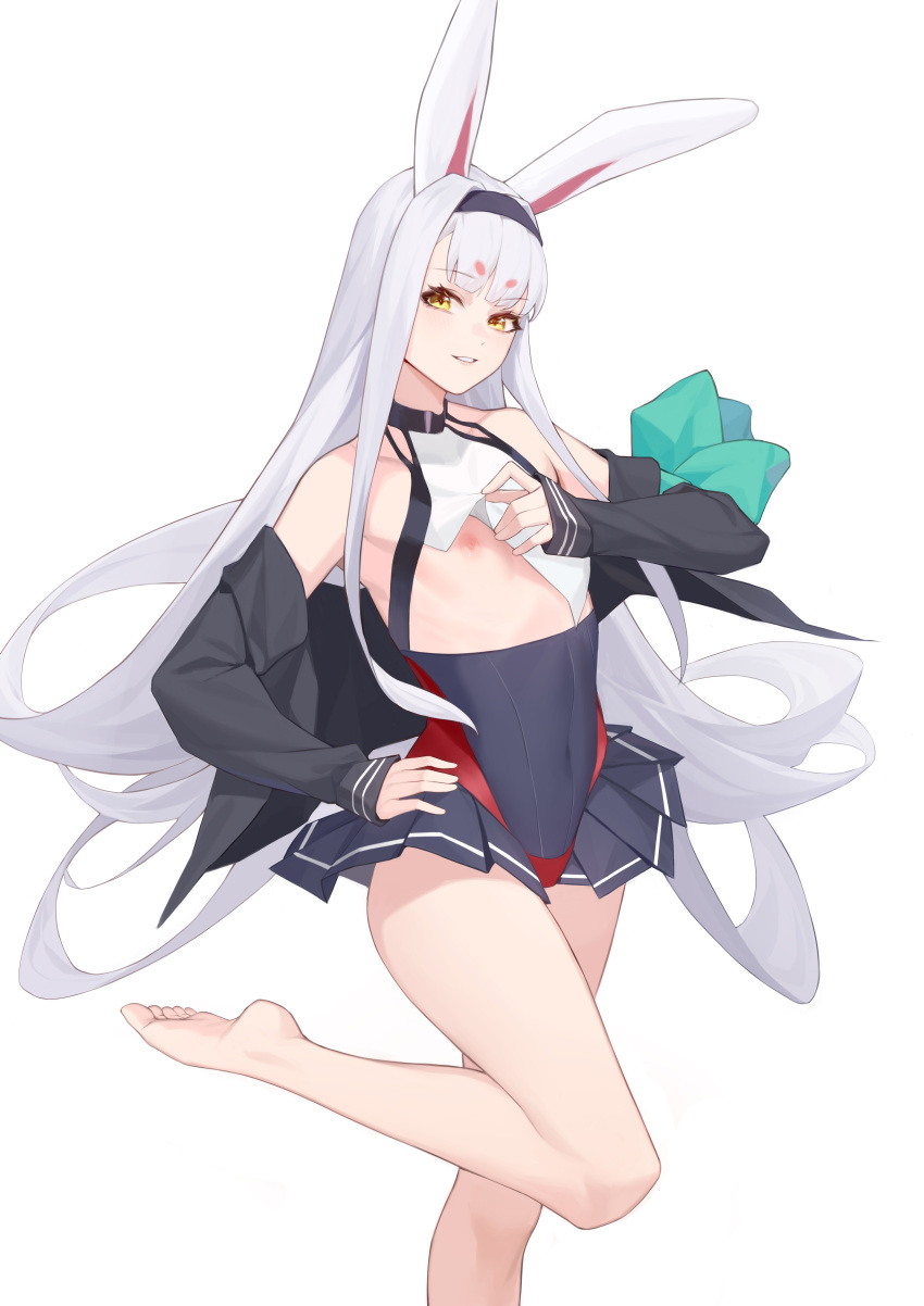 1girl absurdres animal_ears azur_lane bad_feet bangs bare_legs bare_shoulders barefoot black_hairband black_jacket blunt_bangs blush breast_curtains clothes_lift collarbone covered_navel darling0221 error eyebrows_visible_through_hair flat_chest hairband hand_on_hip highres jacket leg_up lifted_by_self long_hair long_sleeves looking_at_viewer nipples off_shoulder open_clothes open_jacket parted_lips rabbit_ears shimakaze_(azur_lane) showgirl_skirt silver_hair smile solo standing standing_on_one_leg very_long_hair wrong_feet yellow_eyes