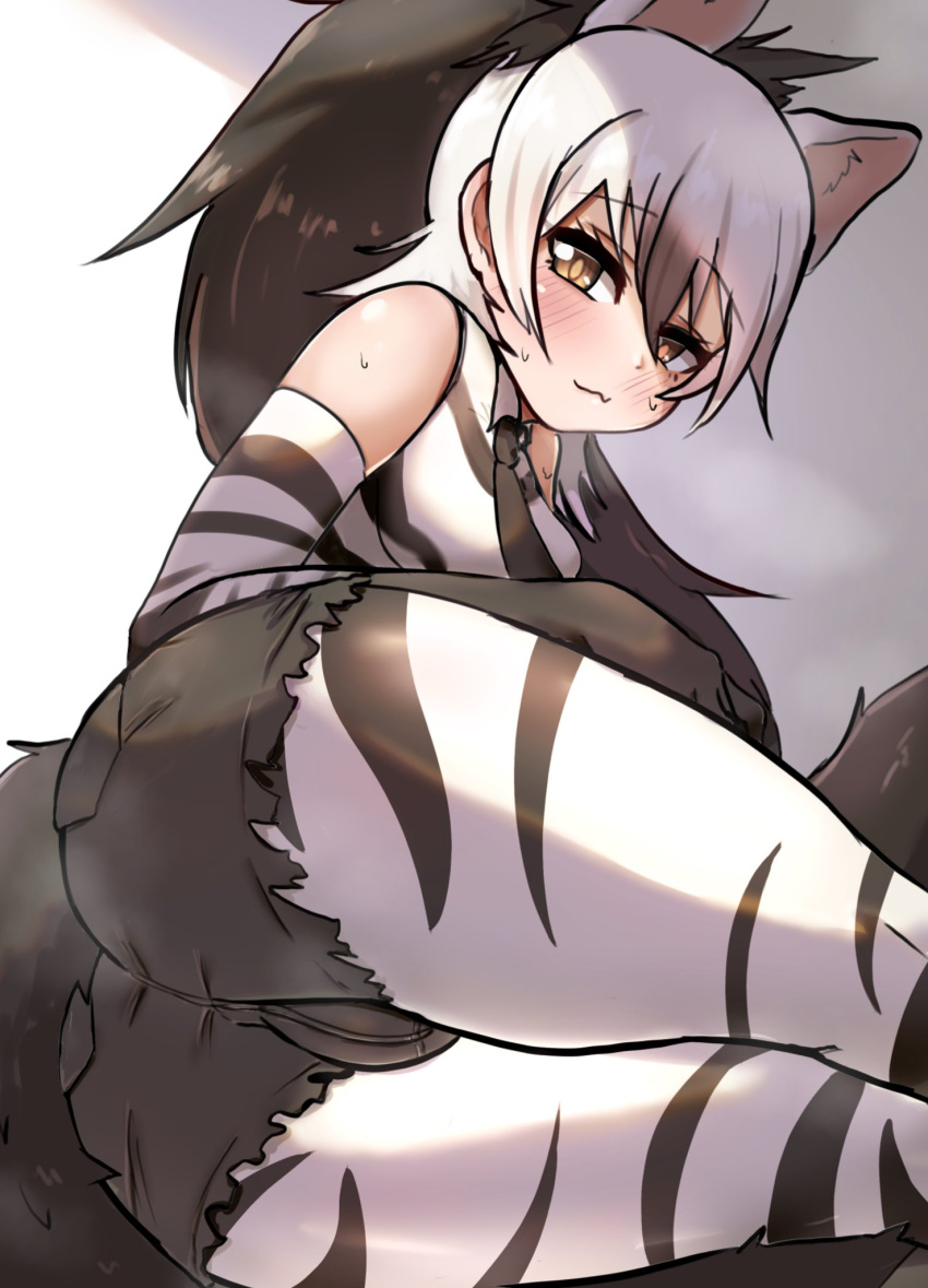 1girl aardwolf_(kemono_friends) aardwolf_ears aardwolf_print aardwolf_tail akaisuto animal_ears ass bangs bare_shoulders black_hair blush closed_mouth crotch crotch_seam cutoffs elbow_gloves elbow_rest extra_ears eyebrows_visible_through_hair gloves hair_between_eyes highres kemono_friends legwear_under_shorts long_hair looking_at_viewer lying multicolored_hair necktie on_side pantyhose print_gloves print_legwear print_shirt seductive_smile shirt short_shorts shorts sidelocks sleeveless sleeveless_shirt smile solo sweat tail thighs two-tone_hair very_long_hair white_hair yellow_eyes