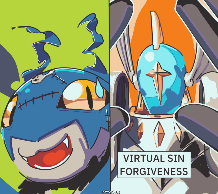 angel armor bandai_namco black_body black_fur demidevimon demon digimon digimon_(species) duo english_text feral fur headgear helmet hi_res humanoid humor male meme notaventura seraphimon text virtual_sin_forgiveness