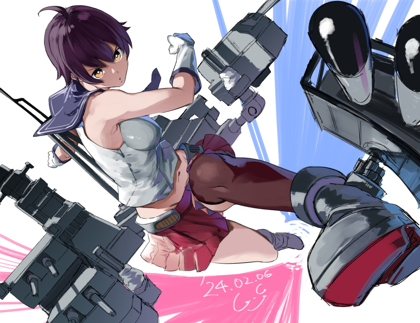 1girl adapted_turret ahoge anchor_symbol blush breasts brown_eyes cannon dated gegeron gloves highres kantai_collection looking_at_viewer machinery mast open_mouth pleated_skirt purple_hair red_skirt rigging sakawa_(kancolle) school_uniform serafuku short_hair signature single_thighhigh skirt sleeveless small_breasts smile smokestack solo thighhighs torpedo torpedo_launcher torpedo_tubes turret white_background white_gloves