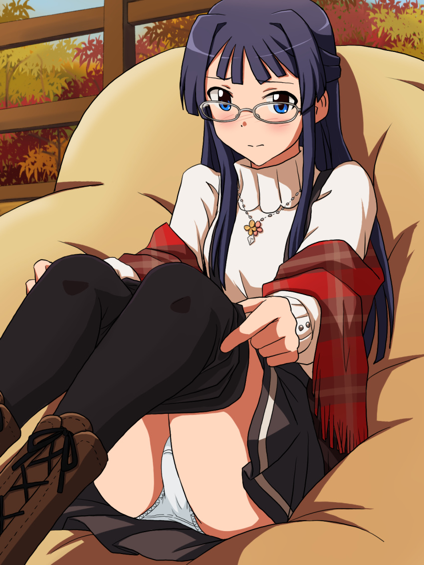 1girl bean_bag_chair black_hair black_pantyhose black_skirt blue_eyes blush boots brown_footwear closed_mouth clothes_pull commentary cross-laced_footwear fringe_trim frown glasses grey-framed_eyewear highres idolmaster idolmaster_million_live! jewelry lace-up_boots lielos long_hair looking_at_viewer miniskirt mogami_shizuka necklace pantyhose pantyhose_pull pleated_skirt red_shawl shawl single_horizontal_stripe sitting skirt solo sweater turtleneck turtleneck_sweater white_sweater