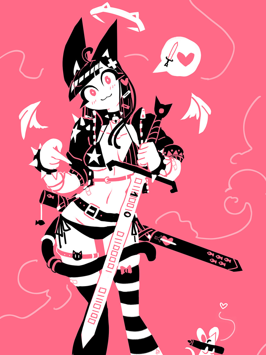 1girl :3 andaerz animal_ears belt bikini binary bracelet cat_ears cat_girl cat_tail choker collarbone commentary drawn_wings english_commentary garter_belt hair_ornament hairclip head_tilt heart heart_hair_ornament highres holding holding_sword holding_weapon jacket jewelry limited_palette long_hair looking_at_viewer mouse original pointing spiked_bracelet spiked_choker spikes striped_clothes striped_thighhighs swimsuit sword tail thigh_bow thighhighs weapon