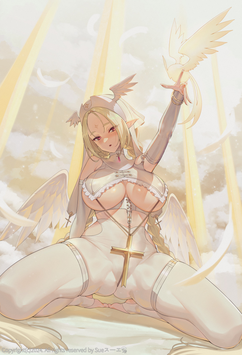 1girl angel angel_wings bare_shoulders bird blonde_hair blush braid breast_curtains breasts cleavage cross feathered_wings feathers gloves halo highres jewelry large_breasts long_hair looking_at_viewer navel nipples open_mouth original parted_lips pointy_ears purple_eyes red_eyes revealing_clothes sitting skindentation solo spread_legs suerte thighhighs thighs underboob very_long_hair white_wings wings