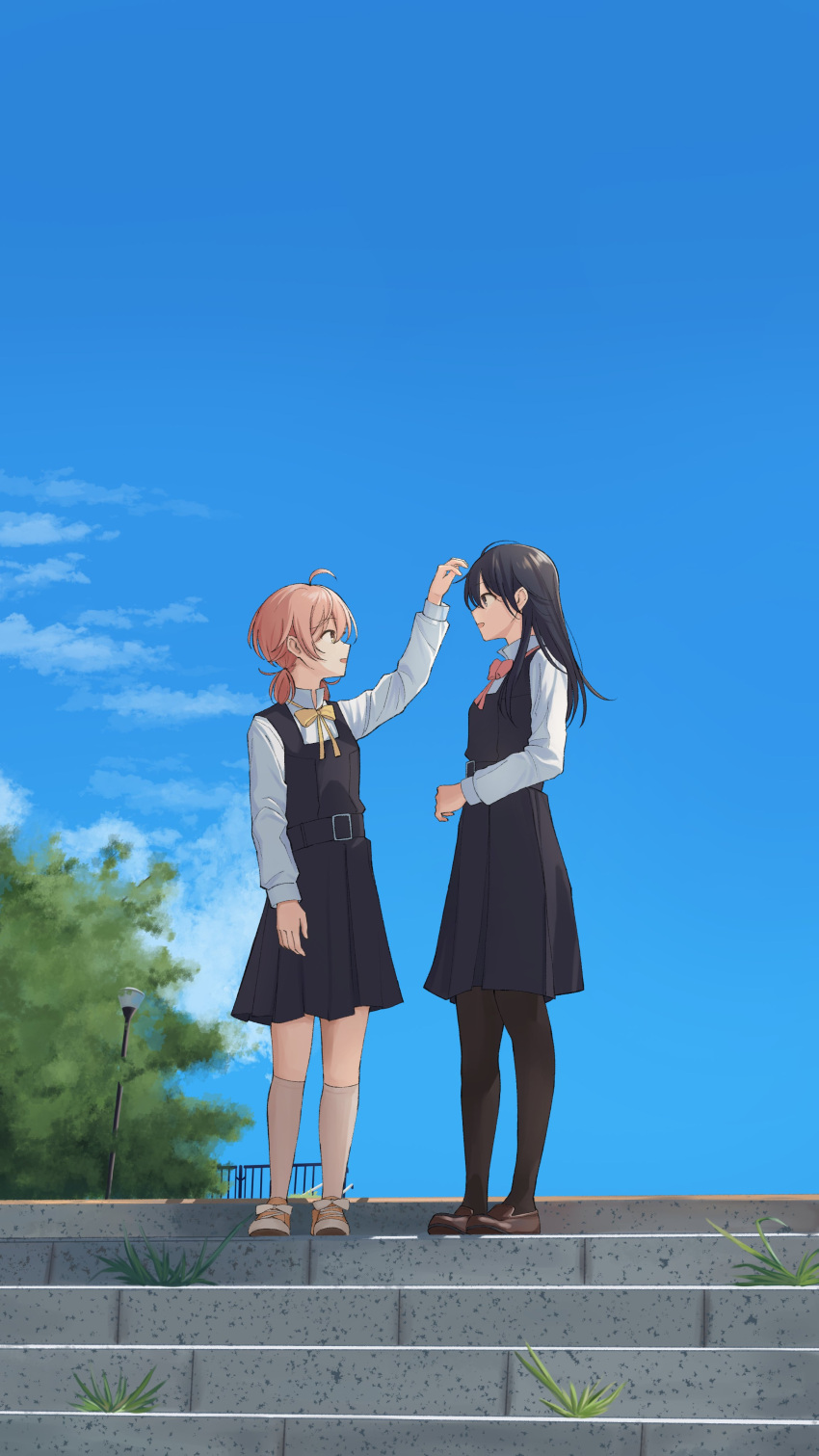 2girls absurdres ahoge belt black_belt black_dress black_eyes black_hair black_pantyhose blue_sky bow bowtie brown_eyes brown_footwear collared_shirt commentary day dress dress_shirt english_commentary full_body highres kneehighs koito_yuu lamppost loafers long_hair long_sleeves looking_at_another low_twintails multiple_girls nanami_touko open_mouth orange_footwear orange_hair outdoors pantyhose pinafore_dress railing red_bow red_bowtie school_uniform shanays shirt shoes short_hair short_twintails sky sleeveless sleeveless_dress socks standing tohmi_higashi_high_school_uniform twintails white_shirt white_socks yagate_kimi_ni_naru yellow_bow yellow_bowtie