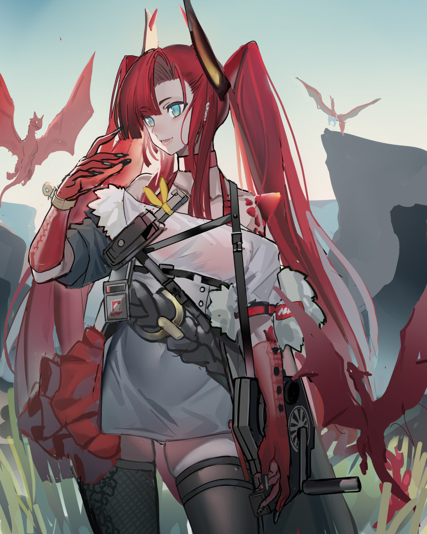 1girl :d aqua_eyes arknights bare_shoulders belt belt_buckle black_legwear blue_sky buckle choker cliff collarbone cowboy_shot day dragon dragon_horns dress echj elbow_gloves frills gloves hand_up highres horns long_hair looking_away looking_to_the_side off-shoulder_dress off_shoulder open_mouth oripathy_lesion_(arknights) outdoors pouch red_choker red_gloves red_hair skindentation sky smile solo thighhighs toddifons_(arknights) twintails very_long_hair white_dress zettai_ryouiki