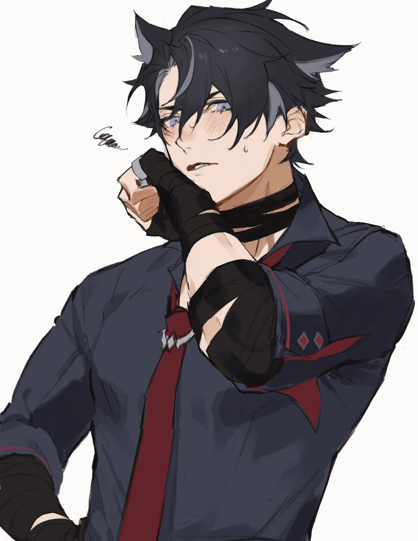 1boy bandaged_arm bandaged_neck bandages black_gloves black_hair black_shirt blue_eyes blush collared_shirt commentary_request fingerless_gloves genshin_impact gloves grey_hair hair_between_eyes hand_up highres kichi_owo looking_at_viewer male_focus multicolored_hair necktie parted_bangs parted_lips red_necktie shirt short_hair short_sleeves simple_background solo squiggle streaked_hair sweatdrop upper_body v-shaped_eyebrows white_background wriothesley_(genshin_impact)