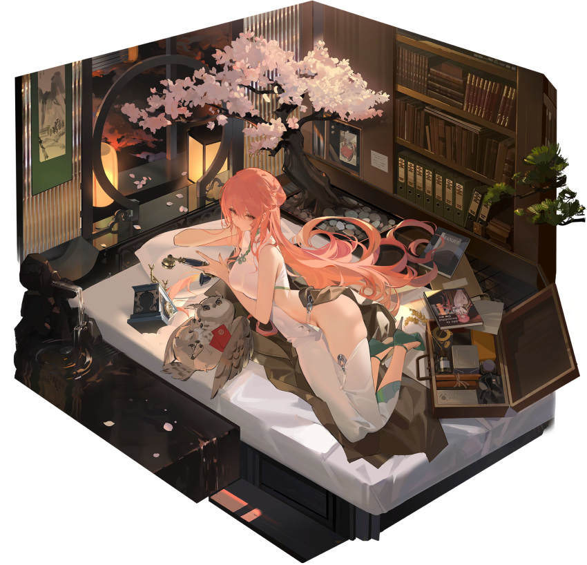 1girl animal antique_phone arm_support azur_lane bird bonsai book bookshelf bottle braid breasts brown_eyes brown_jacket cherry_blossoms china_dress chinese_clothes covered_navel dress fountain from_above green_footwear hair_between_eyes hand_on_own_cheek hand_on_own_face high_heels highres holding holding_phone hongbao indoors jacket kincora lantern large_breasts long_hair lying official_art on_bed on_side owl perseus_(azur_lane) perseus_(spring_lackadaisical_leisure)_(azur_lane) phone photo_(object) pink_hair plant rotary_phone strap suitcase very_long_hair water white_dress
