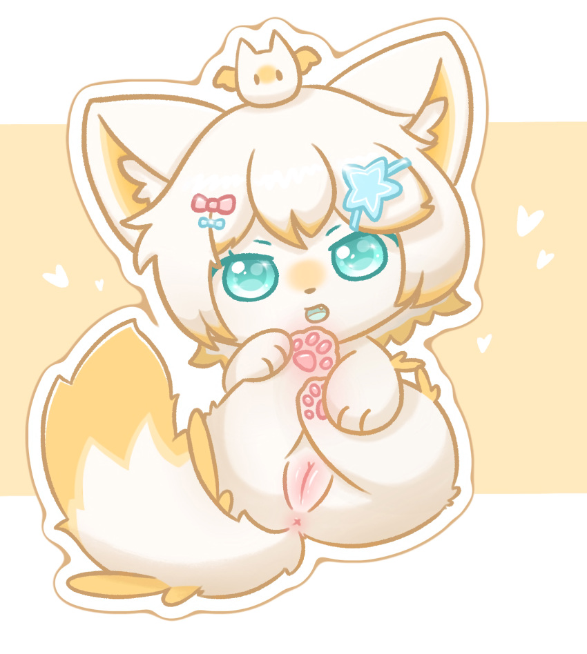 anus blue_eyes chibi female feral genitals hi_res humanoid_genitalia humanoid_genitalia_on_feral humanoid_pussy humanoid_pussy_on_feral open_mouth pawpads paws presenting presenting_anus presenting_pussy pussy simple_background smile solo tail x_anus xiaoyee_moon yellow_tail
