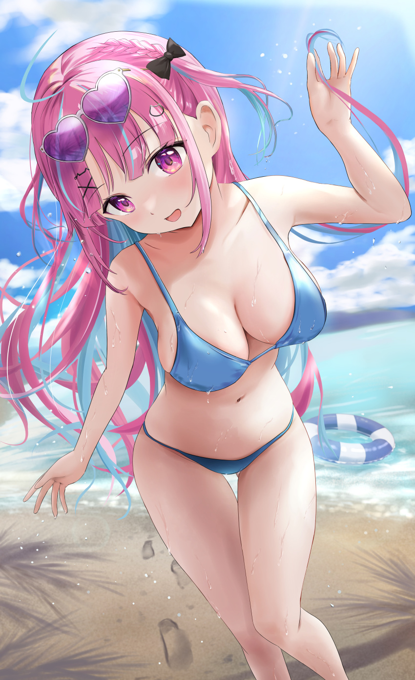 1girl absurdres ahoge ass_visible_through_thighs bare_arms bare_shoulders beach bikini black_bow blue_bikini blue_innertube blush bow breasts cleavage cloud cloudy_sky collarbone day eyewear_on_head hair_bow heart heart-shaped_eyewear highres hololive large_breasts looking_at_viewer minato_aqua mochiki_927 multicolored_hair navel open_mouth outdoors pink-tinted_eyewear pink_eyes pink_hair sand shadow sky smile solo stomach streaked_hair striped_innertube sunglasses swimsuit thighs tinted_eyewear two_side_up virtual_youtuber water wet white-framed_eyewear