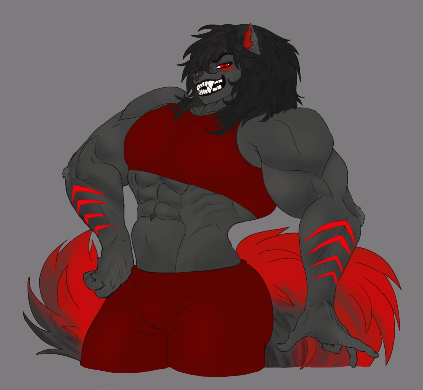 abs absurd_res alexzandr_sokolov anthro aviboonika biceps black_body black_fur black_hair bottomwear bra broad_shoulders canid canine canis clothing female fur gym_bottomwear gym_clothing gym_shorts hair hand_on_hip hi_res mammal markings muscular muscular_female red_ears red_eyes red_markings red_tail shorts solo sports_bra tail teeth underwear wolf