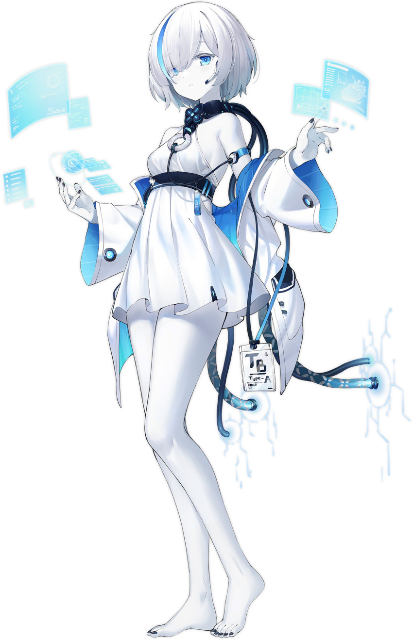 1girl :o aged_up alpha_transparency artist_request azur_lane bare_legs bare_shoulders barefoot belt black_nails blue_eyes blue_hair blue_jacket breasts cable collarbone colored_eyelashes colored_skin dress electricity eyes_visible_through_hair fingernails four-leaf_clover_necklace full_body hair_over_one_eye hand_up highres holding hologram id_card jacket jewelry lanyard legs looking_at_viewer microphone multicolored_hair nail_polish necklace non-web_source off_shoulder official_art open_clothes open_jacket pale_skin parted_lips short_dress short_hair sleeveless sleeveless_dress small_breasts solo standing streaked_hair tb_(azur_lane) tb_(type-a)_(azur_lane) toenail_polish toenails toes transparent_background two-sided_fabric two-sided_jacket two-tone_hair white_dress white_hair white_jacket white_skin wide_sleeves