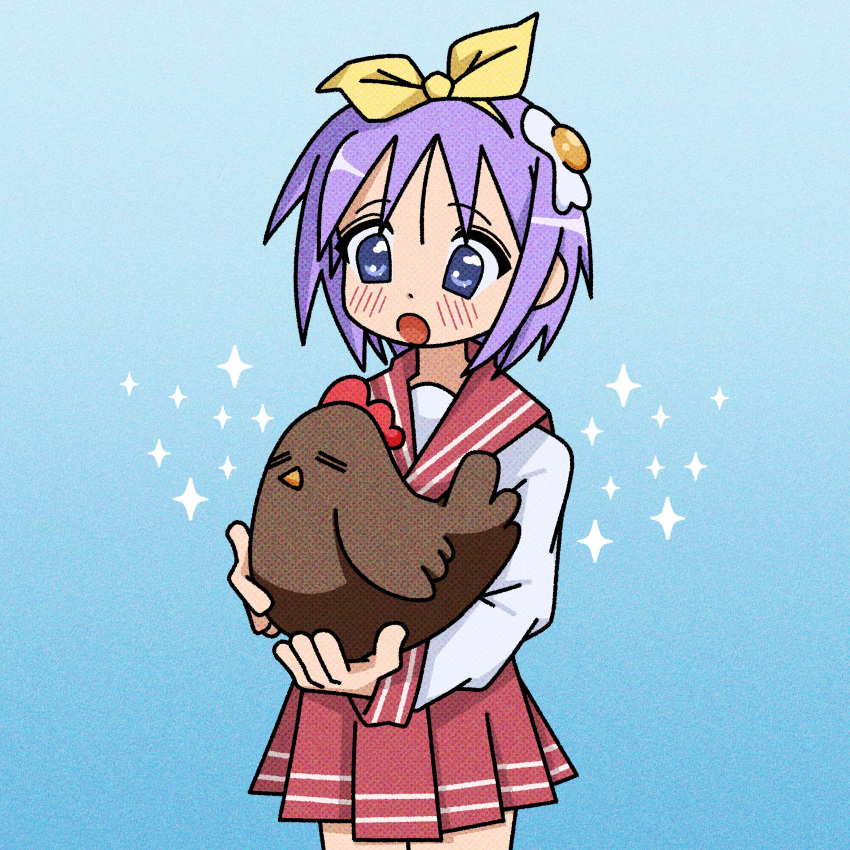 1girl absurdres animal bird blue_background blue_eyes blush chicken commentary cowboy_shot cryptidhermit egg_hair_ornament english_commentary food-themed_hair_ornament gradient_background hair_ornament hairband highres hiiragi_tsukasa holding holding_animal long_sleeves lucky_star pleated_skirt purple_hair red_sailor_collar red_skirt sailor_collar school_uniform short_hair skirt solo sparkle yellow_hairband