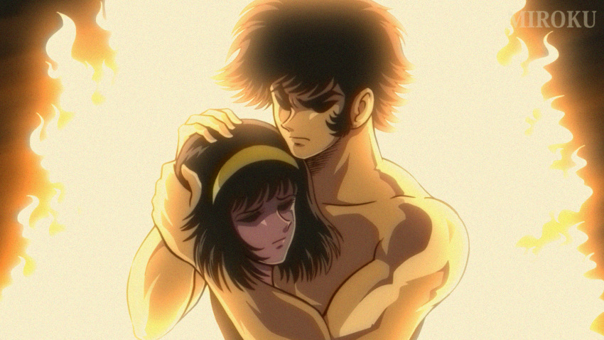 1boy 1girl artist_name black_hair bob_cut closed_eyes collarbone corpse death devilman film_grain fire fudou_akira hairband highres holding_head makimura_miki miroku_(miroku_t) muscular muscular_male nagai_gou_(style) official_style parody retro_artstyle severed_head short_hair sideburns spoilers style_parody swept_bangs topless_male