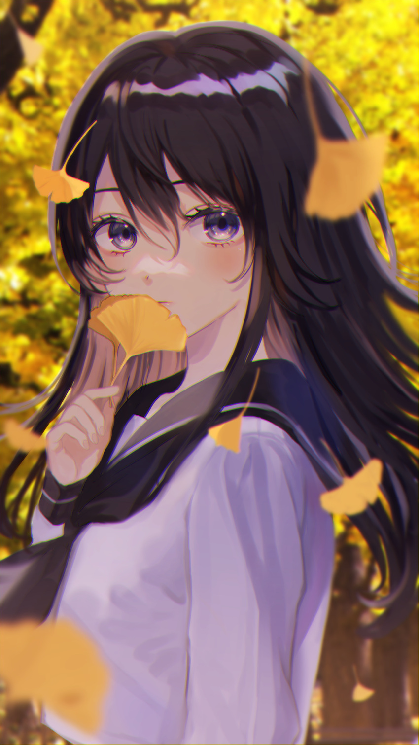 1girl autumn autumn_leaves bangs black_hair black_neckerchief black_sailor_collar blush closed_mouth commentary_request day falling_leaves from_side highres holding holding_leaf leaf long_hair long_sleeves looking_at_viewer looking_to_the_side neckerchief original outdoors p2_(uxjzz) purple_eyes sailor_collar school_uniform serafuku shirt solo white_shirt