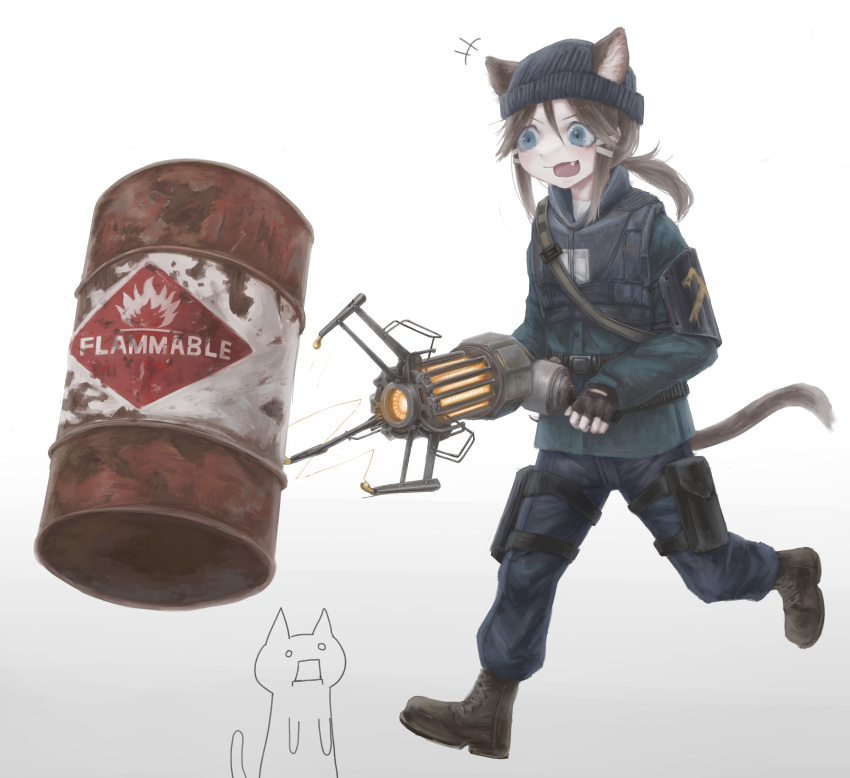 1girl :3 absurdres animal_ear_fluff animal_ears beanie belt black_belt black_headwear blue_eyes blue_hoodie blue_pants blush boots brown_footwear brown_hair cat cat_ears cat_girl cat_tail commentary cosplay diu9you drum_(container) explosive eyelashes fang fingerless_gloves flammable_symbol gloves gravity_gun grey_background hair_between_eyes hair_ornament half-life_(series) half-life_2 hat highres holding holding_weapon hood hoodie long_sleeves looking_at_object medium_hair open_mouth original pants physics ponytail shirt sidelocks simple_background smile solo tail v-shaped_eyebrows vest walking weapon white_background white_shirt zero_gravity