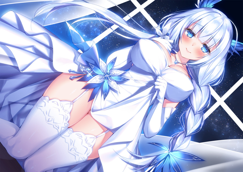 1girl azur_lane bare_shoulders blue_eyes blue_gemstone braid breasts cleavage clothes_lift cocktail_dress commentary dress dress_flower dress_lift dutch_angle elbow_gloves evening_gown feather_dress feet_out_of_frame garter_straps gem gloves hair_wings highres huge_breasts illustrious_(azur_lane) illustrious_(illustrious_ball)_(azur_lane) jewelry kneeling lifted_by_self long_hair looking_at_viewer necklace night night_sky official_alternate_costume sky solo sorai_shin'ya star_(sky) starry_sky strapless strapless_dress thighhighs very_long_hair white_dress white_garter_straps white_gloves white_hair white_thighhighs